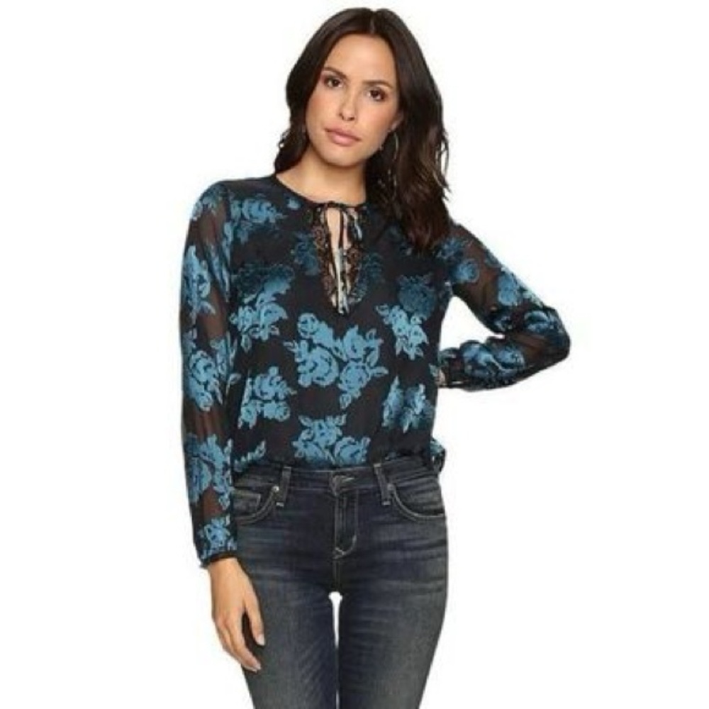 Lovers + Friends Black Lace Trim Floral Blouse - Black and Blue